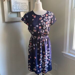𝅺CLUB Monaco Silk Watercolor Floral Dolman Top Cut Out Back Dress Navy Pink